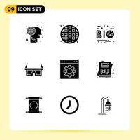 Pack of 9 Modern Solid Glyphs Signs and Symbols for Web Print Media such as interface browser ecology stereo eyewear Editable Vector Design Elements