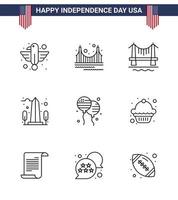 Stock Vector Icon Pack of American Day 9 Line Signs and Symbols for usa monument landmark landmark city Editable USA Day Vector Design Elements