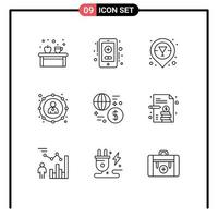 Group of 9 Outlines Signs and Symbols for global currency champagne bar location money economy Editable Vector Design Elements