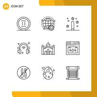 conjunto de pictogramas de 9 esquemas simples de Internet de las cosas helpdesk auriculares multijugador mágicos elementos de diseño vectorial editables vector