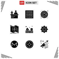 9 Thematic Vector Solid Glyphs and Editable Symbols of security fire space navigation map Editable Vector Design Elements