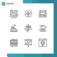 Group of 9 Outlines Signs and Symbols for kite vehicle board transport auto Editable Vector Design Elements