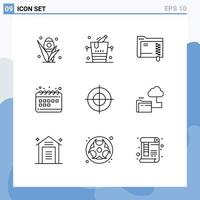 Group of 9 Modern Outlines Set for gun calendar data marketing schedule Editable Vector Design Elements