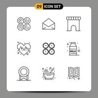 Universal Icon Symbols Group of 9 Modern Outlines of business love building line beat Editable Vector Design Elements