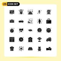 Mobile Interface Solid Glyph Set of 25 Pictograms of shop voice bed recording night Editable Vector Design Elements