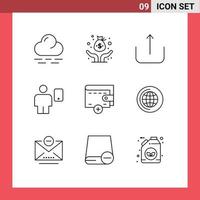 Set of 9 Vector Outlines on Grid for wallet money ui mobile device Editable Vector Design Elements