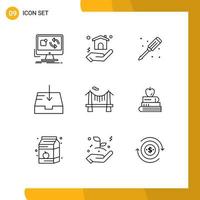 Group of 9 Outlines Signs and Symbols for river bridge mechanical receive mail Editable Vector Design Elements