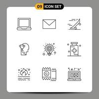 Set of 9 Vector Outlines on Grid for head brian sand mind skate board Editable Vector Design Elements
