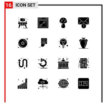 Set of 16 Vector Solid Glyphs on Grid for plug disk nature cd mail Editable Vector Design Elements
