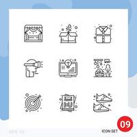 Pack of 9 Modern Outlines Signs and Symbols for Web Print Media such as light bulb office virtual reality human Editable Vector Design Elements