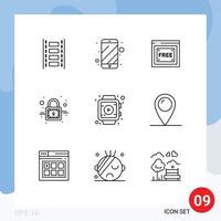 Universal Icon Symbols Group of 9 Modern Outlines of watch play free access secure closed Editable Vector Design Elements