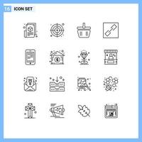 paquete de 16 signos y símbolos de contornos modernos para medios de impresión web, como elementos de diseño de vectores editables de cadena de enlace de cesta móvil celular