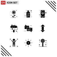 Set of 9 Commercial Solid Glyphs pack for support chat spray roller brush Editable Vector Design Elements