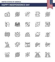 Happy Independence Day Pack of 25 Lines Signs and Symbols for american hat badge cap holiday Editable USA Day Vector Design Elements