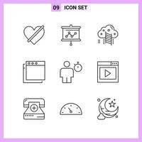 9 Icons in Line Style Outline Symbols on White Background Creative Vector Signs for Web mobile and Print