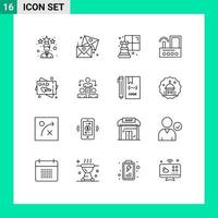 Pictogram Set of 16 Simple Outlines of greeting card radio chess wifi device Editable Vector Design Elements