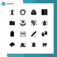 Group of 16 Modern Solid Glyphs Set for hands basic envelope photo camera Editable Vector Design Elements