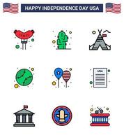 feliz día de la independencia usa paquete de 9 líneas creativas planas llenas de globos de día carpa béisbol unido elementos de diseño vectorial editables del día de usa vector