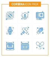 corona virus 2019 y 2020 epidemia 9 paquete de iconos azules, como registro de atención médica, vacuna, detección de virus, coronavirus viral 2019nov, elementos de diseño de vectores de enfermedades