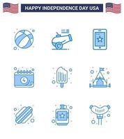 conjunto de 9 iconos del día de los ee.uu. símbolos americanos signos del día de la independencia para el día de la crema fecha móvil elementos de diseño del vector del día de los ee.uu. editables americanos