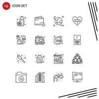 Modern Set of 16 Outlines and symbols such as heart emotions wallet broken globe Editable Vector Design Elements