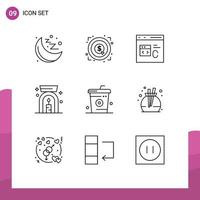 Pack of 9 creative Outlines of drinks coke code spa aroma spa lamp Editable Vector Design Elements