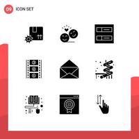 Set of 9 Vector Solid Glyphs on Grid for open message valentine movie reel film reel Editable Vector Design Elements