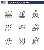 Set of 9 Modern Lines pack on USA Independence Day thanksgiving american flag police man Editable USA Day Vector Design Elements