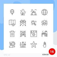 Pictogram Set of 16 Simple Outlines of search explore landscape globe education Editable Vector Design Elements