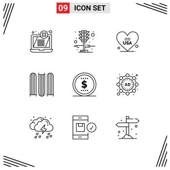 9 User Interface Outline Pack of modern Signs and Symbols of price finance heart files document Editable Vector Design Elements