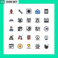 paquete de 25 modernos signos y símbolos de colores planos de línea rellena para medios de impresión web, como letreros, productos de comercio de senderismo, elementos de diseño de vectores editables