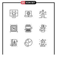 Pictogram Set of 9 Simple Outlines of artificial mining technical cryptocurrency wedding Editable Vector Design Elements