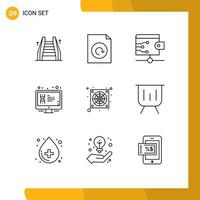 Pack of 9 Modern Outlines Signs and Symbols for Web Print Media such as fan computer money screen lcd Editable Vector Design Elements