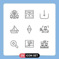 Group of 9 Modern Outlines Set for cryptocurrency ethereum multimedia yacht ship Editable Vector Design Elements