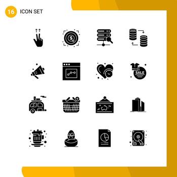 paquete de interfaz de usuario de 16 glifos sólidos básicos del servidor de altavoces de compras compartir elementos de diseño vectorial editables sql vector