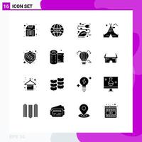 Mobile Interface Solid Glyph Set of 16 Pictograms of protection camp electricity tent eco Editable Vector Design Elements