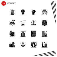 Pack of 16 creative Solid Glyphs of cloud travel battery camping mind Editable Vector Design Elements