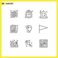 9 User Interface Outline Pack of modern Signs and Symbols of thinking head food graph paper Editable Vector Design Elements