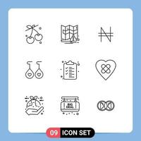 9 User Interface Outline Pack of modern Signs and Symbols of heart clipboard naira list heart Editable Vector Design Elements