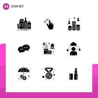 9 User Interface Solid Glyph Pack of modern Signs and Symbols of alert conversation pinch chatting money Editable Vector Design Elements