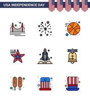 9 estados unidos línea plana llena signos celebración del día de la independencia símbolos de cohete estados unidos bandera de estados unidos estrella elementos de diseño de vector de día de estados unidos editables