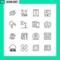 paquete de 16 iconos de estilo de línea establece símbolos de esquema para imprimir signos creativos aislados en fondo blanco vector