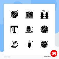 9 User Interface Solid Glyph Pack of modern Signs and Symbols of female avatar farming designer text Editable Vector Design Elements