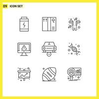 Pack of 9 Modern Outlines Signs and Symbols for Web Print Media such as less car smartphone security information Editable Vector Design Elements