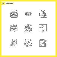 Universal Icon Symbols Group of 9 Modern Outlines of target map human case bag Editable Vector Design Elements