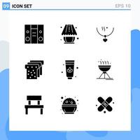 Set of 9 Vector Solid Glyphs on Grid for cooking bbq lotus love education bread Editable Vector Design Elements