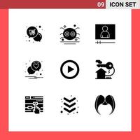 paquete de iconos de vector de stock de 9 signos y símbolos de línea para video amor araña corazón reproductor de video elementos de diseño de vector editables