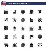 Stock Vector Icon Pack of American Day 25 Solid Glyph Signs and Symbols for police man money soda cola Editable USA Day Vector Design Elements