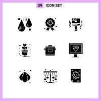 Group of 9 Solid Glyphs Signs and Symbols for cooker plant quality love paint Editable Vector Design Elements