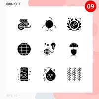 Pictogram Set of 9 Simple Solid Glyphs of light protection insignia world internet Editable Vector Design Elements